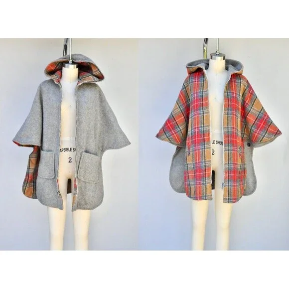 REVERSIBLE Hooded Poncho - Wool Cloak Cape - Woodland - Reversible Cape OS - Picture 5 of 10